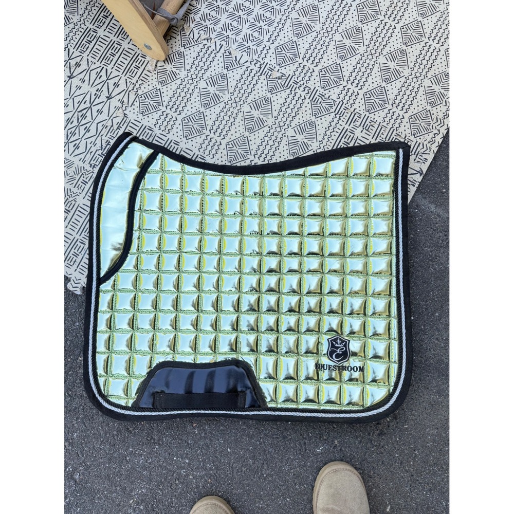 Equestroom Metallic Lime Green Bubble Quilted Dressage Saddle Pad Black Trim